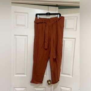 Very J Brick High Waisted Paper Bag Belted Dark Orange‎ Cotton Pants Casual SZ L